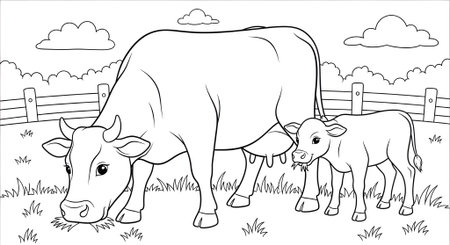 Coloring Page Outline Of Cute Baby Cow and Calfの素材