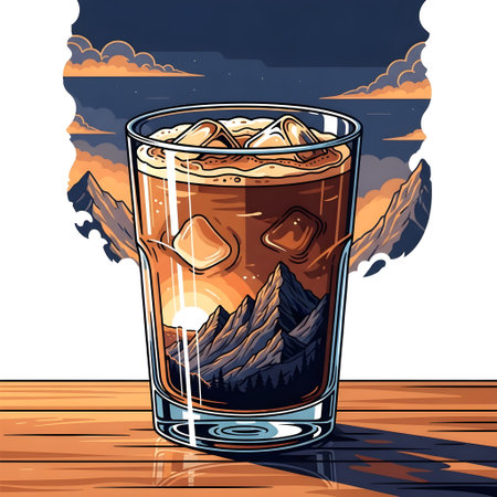 Coffee in a glass with ice cubes. Vector illustration.の素材