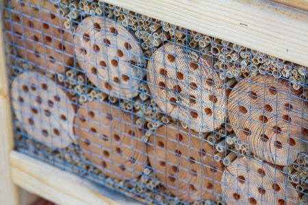 A decorative insect hotel showcases a variety of wooden logs and hollow tubes, providing shelter for...