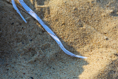 White rope or cord lying stretched across textured golden sand surfaceの写真素材