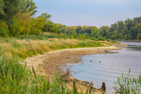 Scenic river bend with sandy shoreline and person walking along water's edge under cloudy summer skyの写真素材