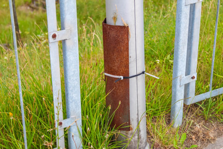 White metal fence posts with green grass growing naturally around urban boundary perimeterの写真素材