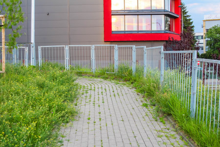Urban pedestrian pathway with concrete paving stones flanked by white metal fencing and grass
