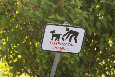 Close-up view of white dog prohibition sign with pictogram mounted on metal pole against green leafy backgroundの写真素材