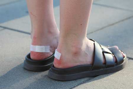 Close-up view of woman's legs in black sandals with multiple straps on stone surface showing detailed footwearの写真素材
