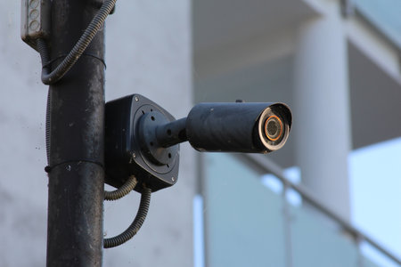 Black security camera with adjustable lens mounted on white wall providing surveillance and monitoring capabilitiesの写真素材