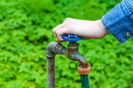 Hand turning vintage water faucet with decorative handle surrounded by lush green foliage in...