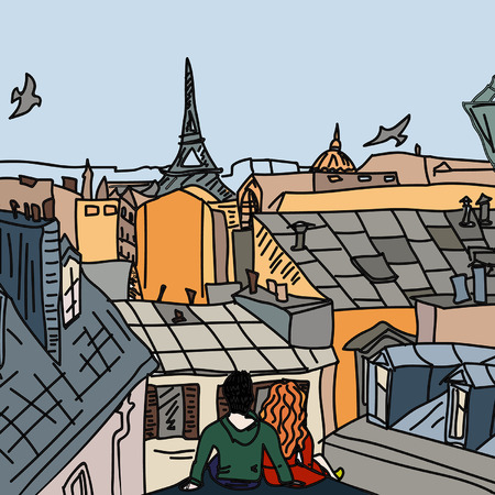 Young couple in love sitting on the roof in Parisのイラスト素材