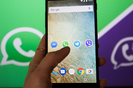 Moscow, Russia - January 30, 2017: Social network applications on Nexus smartphone display.のeditorial素材