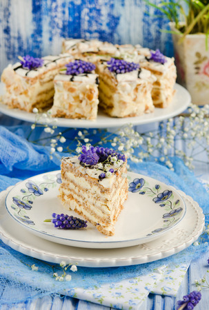 Esterhazy cake on white-blue background with hyacinthの写真素材