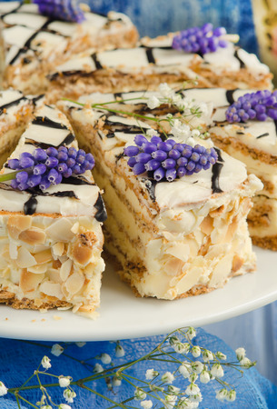 Esterhazy cake on white-blue background with hyacinthの写真素材