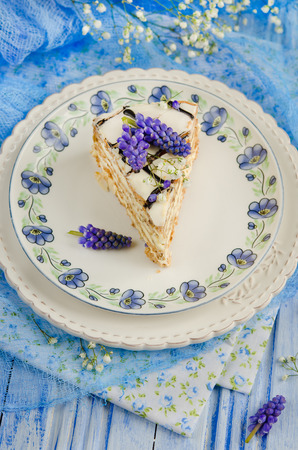 Esterhazy cake on white-blue background with hyacinthの写真素材