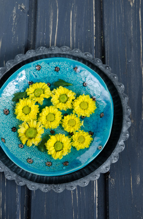 Yellow daisies in ceramic bowl on old wooden tableの写真素材