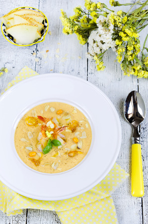 Yellow gazpacho soup with shrimp and melonの写真素材