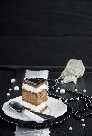Chocolate cake with coconut and chocolate mousseの写真素材