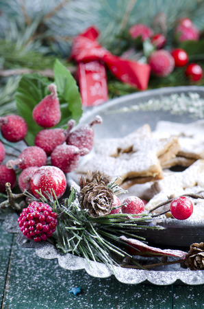 Christmas cookies on a festive blue backgroundの写真素材