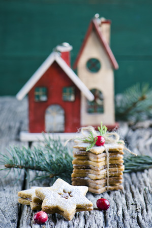Christmas cookies on a festive blue backgroundの写真素材