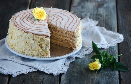 Traditional Hungarian Esterhazy cake  on a dark wooden background.の写真素材