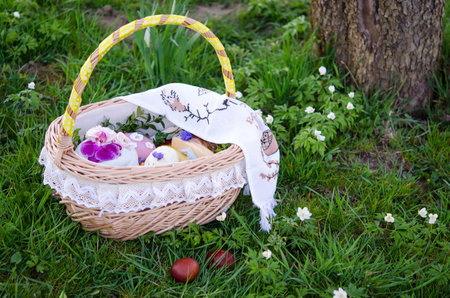 Easter. Easter basket with painted eggs and Easter cake on the spring green grass
