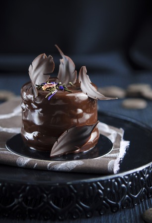 Chocolate cake with dark chocolate and raspberry under chocolate icinglazedの写真素材