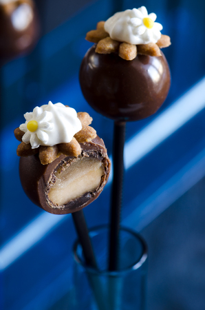 Handmade chocolates with chestnut and lemon marmalade on a stickの写真素材