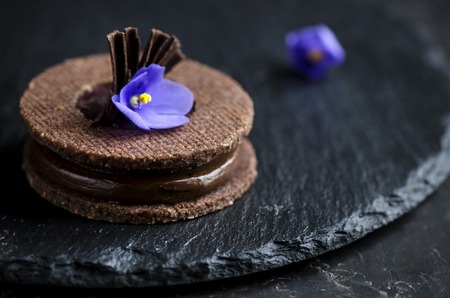 Chocolate cookies with chocolate ganache and violetの写真素材