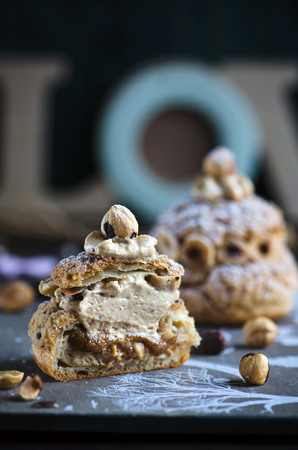 Choux Paris-Brest choux pastry with cream muslin and hazelnutsの写真素材