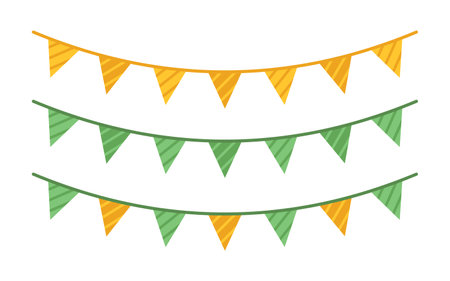 Vector St Patricks day set with green and yellow bunting. Collection for celebrating St Patricks day. Striped triangular flag garlands in flat design.のイラスト素材