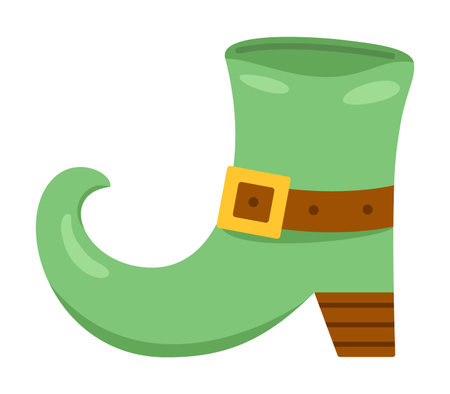 Vector green leprechauns boot in flat design. Clipart for celebrating St Patricks day. Elf shoes with gold buckle.のイラスト素材