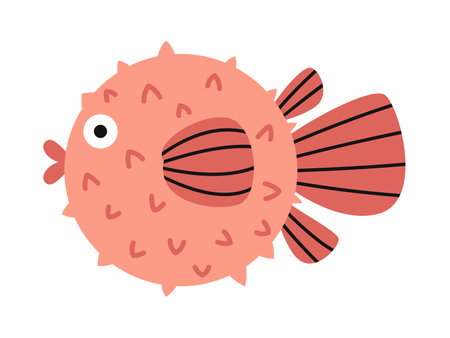 Vector cute red globefish. Tropical fish flat design. marine underwater balloonfish. Blowfish with striped fins.のイラスト素材