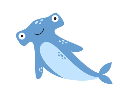 Vector blue hammerhead shark. Friendly marine life animal in flat design. funny fish.のイラスト素材