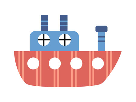 Vector cute blue and red steamship. Childish sea ship with pipes. Sea striped transport in flat design.のイラスト素材