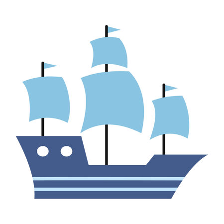 Vector cute blue sailboat. Sea ship with sails. sea research transport.のイラスト素材