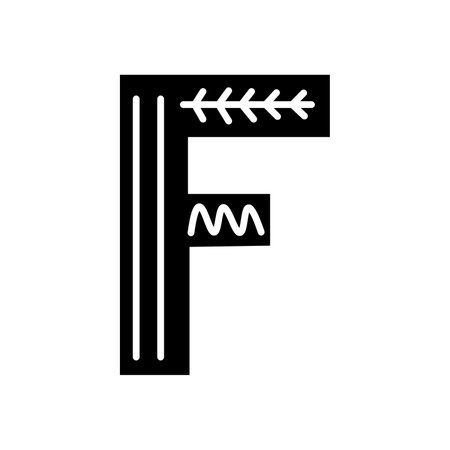 Black and white Scandinavian ornate letter F. Folk font. Letter F in Scandinavian style.のイラスト素材