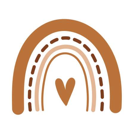 Hand drawn abstract rainbow with heart. Cute boho rainbow in brown colors. Scandinavian shape.のイラスト素材