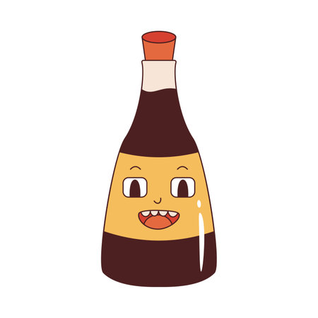 Vector soy sauce in retro style. Groovy soy sauce mascot. hippie soy character 70s.のイラスト素材