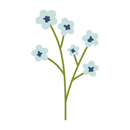 Vector illustration of plant with little flowers in flat design. Light blue chamomile, forget-me-not or other flowers. Blossom flowers in blue color. Spring botanical illustration.のイラスト素材