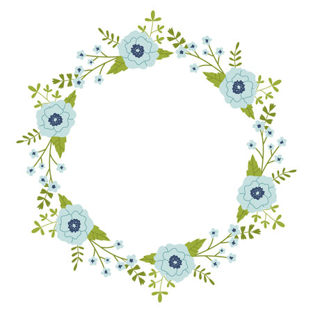 Vector wreath with green leaves and blue flowers. Floral frame for celebrations. Flower round border copy space. Romantic design for greeting cards and invitations. Text template with blue flowers.のイラスト素材