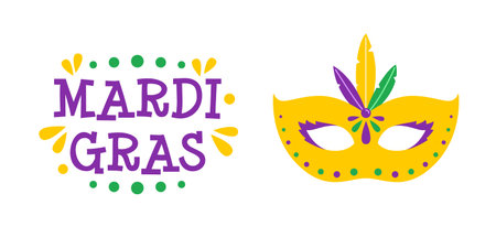 Vector Mardi Gras banner with yellow carnival mask and text. Mardi Gras poster on white background. Design for fat tuesday carnival and festival. Carnival mask with colorful feathers.のイラスト素材