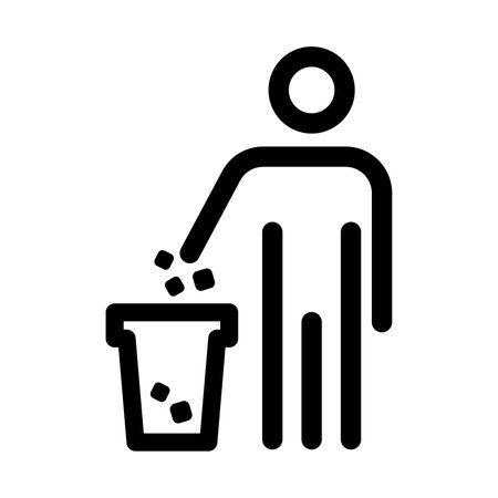 Vector icon with people throws garbage in bin. Line keep clean sign. Editable stroke. Please drop litter in trash can.のイラスト素材