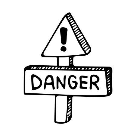 Hand drawn doodle sign post with danger text. Vector warning guidpost. Camping clipart. outline.のイラスト素材