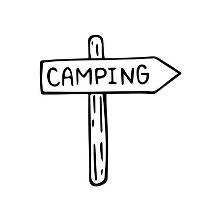 Hand drawn doodle sign post with camping text. vector guidepost. Camping clipart. outline.のイラスト素材