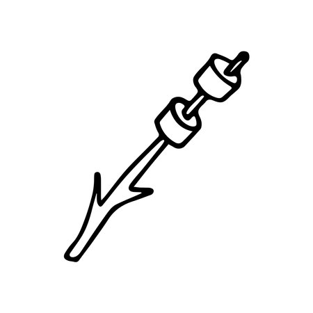 Hand drawn doodle marshmallows on branch. Frying on the fire. Vector camping clipart.のイラスト素材