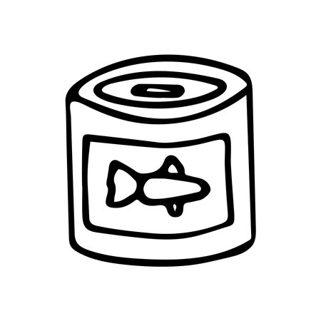 Hand drawn doodle cammed food. Vector can with fish label. outline.のイラスト素材