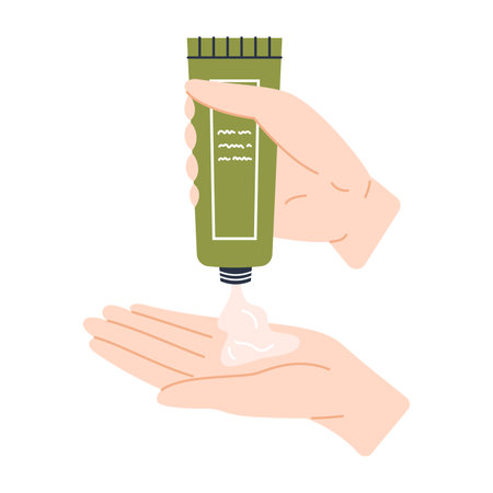 Womans hand squeezing cream from a green tube onto a palm. Vector skincare illustration. Girl using hand cream. daily cosmetic.のイラスト素材