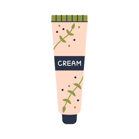 Vector cream tube with green leaves in flat design. beauty and skin care cosmetic. daily routine. Botanical tube of cream.のイラスト素材