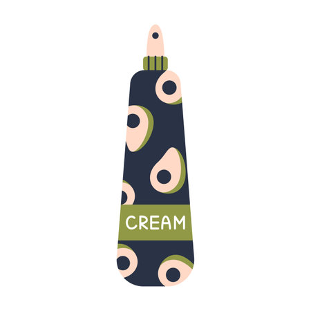 Vector cosmetic spray cream with dispenser pump. beauty and skincare. Cream bottle in flat design. Cosmetic cream with avocado.のイラスト素材