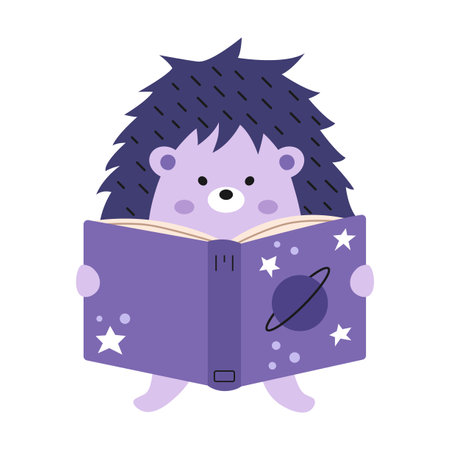 Vector cute hedgehog reading book. Hedgehog with open book. Book with stars and planet. Cute animal with book.のイラスト素材