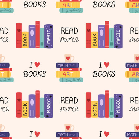 Vector seamless pattern with stacks of books. I love book and read more lettering. background.のイラスト素材