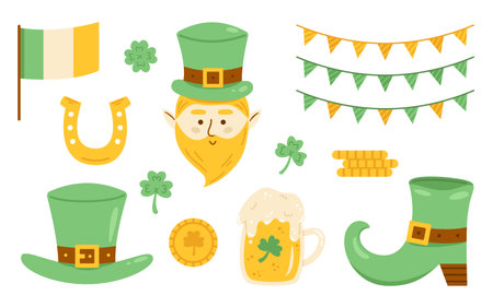 Vector St Patricks day set with clover, hat, beer, flags, boot, horseshoe and leprechaun. Collection for celebrating St Patricks day in flat design. Elements in green and yellow colors.のイラスト素材
